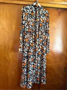 Floral Tie-Neck Long Sleeve Midi Dress in Black & Orange